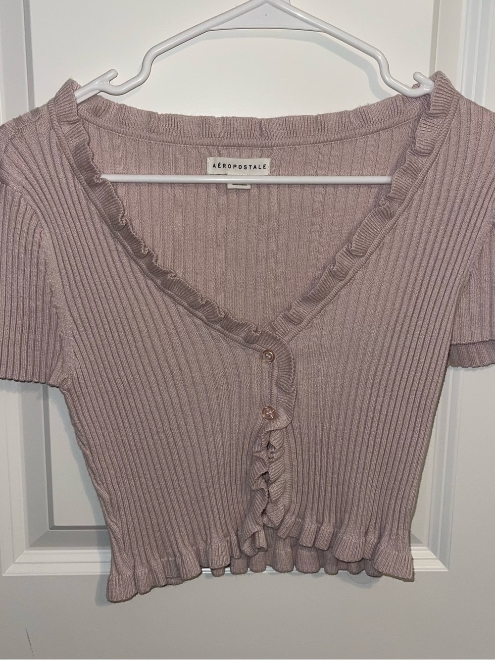 Aeropostale Dusty Mauve Ribbed Ruffle Button Crop Top